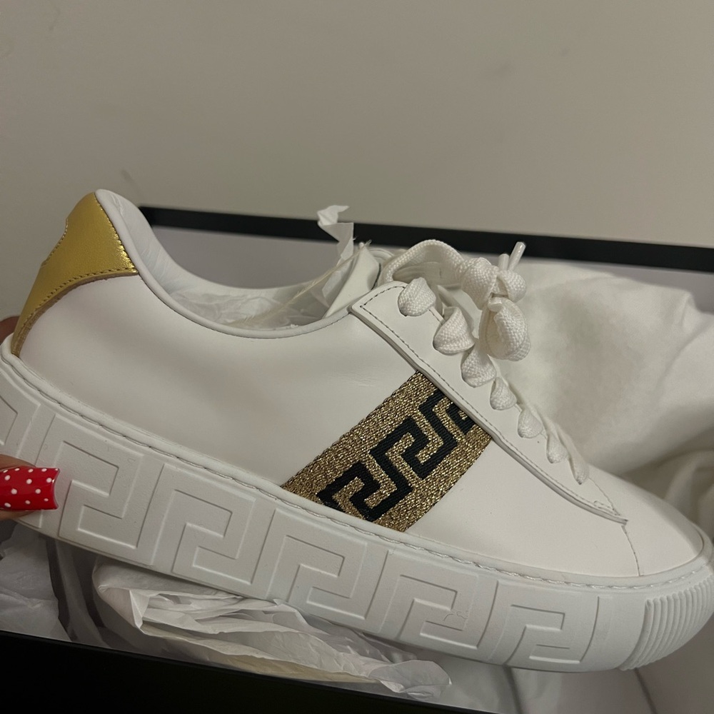 Versace White Sneakers with Gold and Black Detail